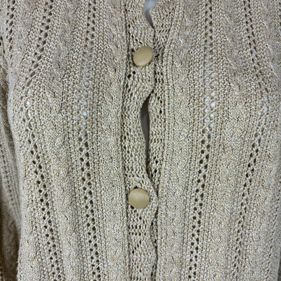 Vintage 80s Tan Cardigan Women's Medium Cable Knit Granny Sweater - Picture 5 of 10